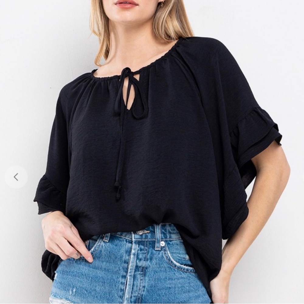 ShopEvelynne Black Key hole Tie-Front Blouse